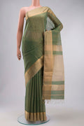 Green Maheshwari Tissue Silk Saree with Plain Body and Zari Border displayed on a mannequin