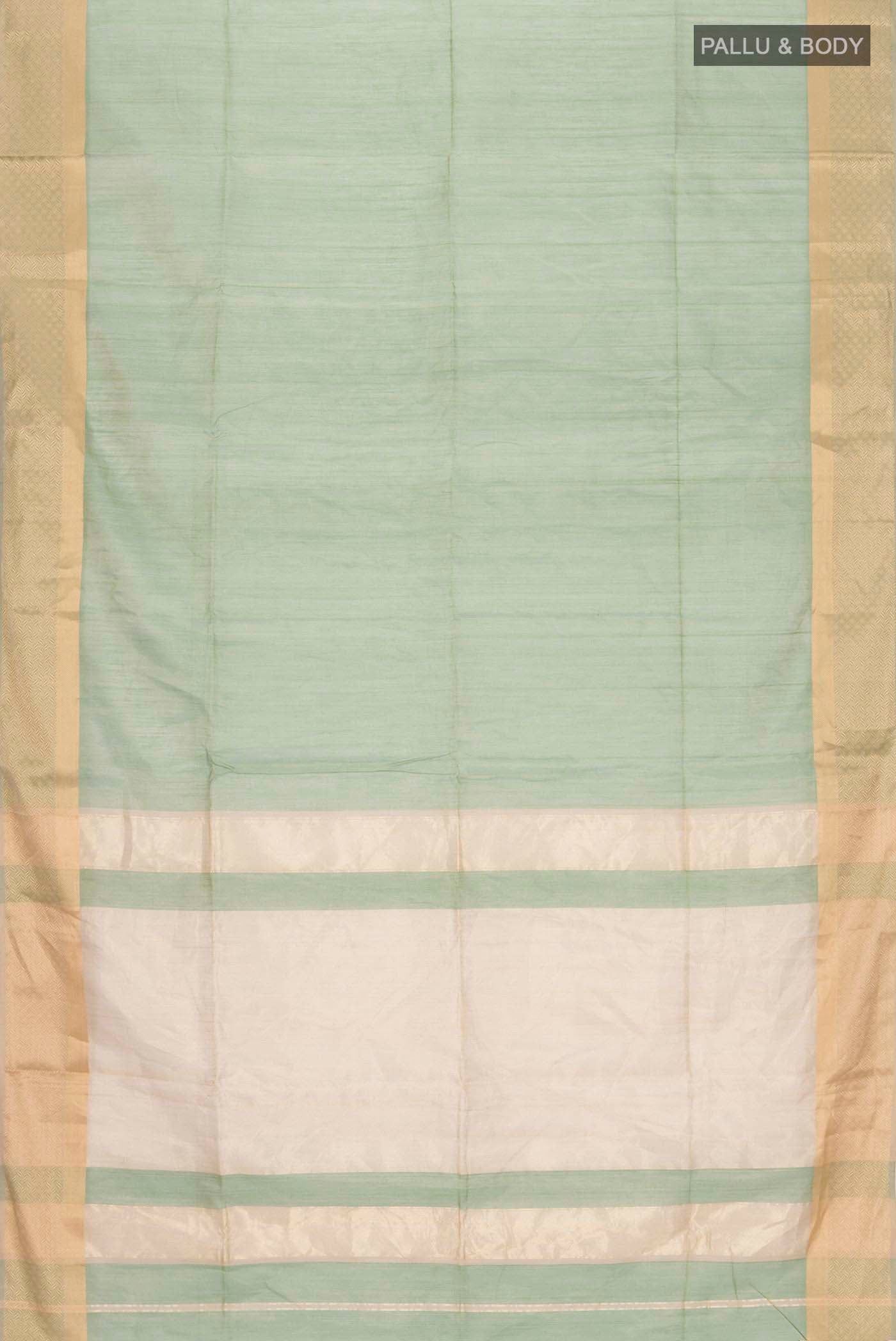 Flat view of Green Maheshwari Tissue Silk Saree with Plain Body and Zari Border