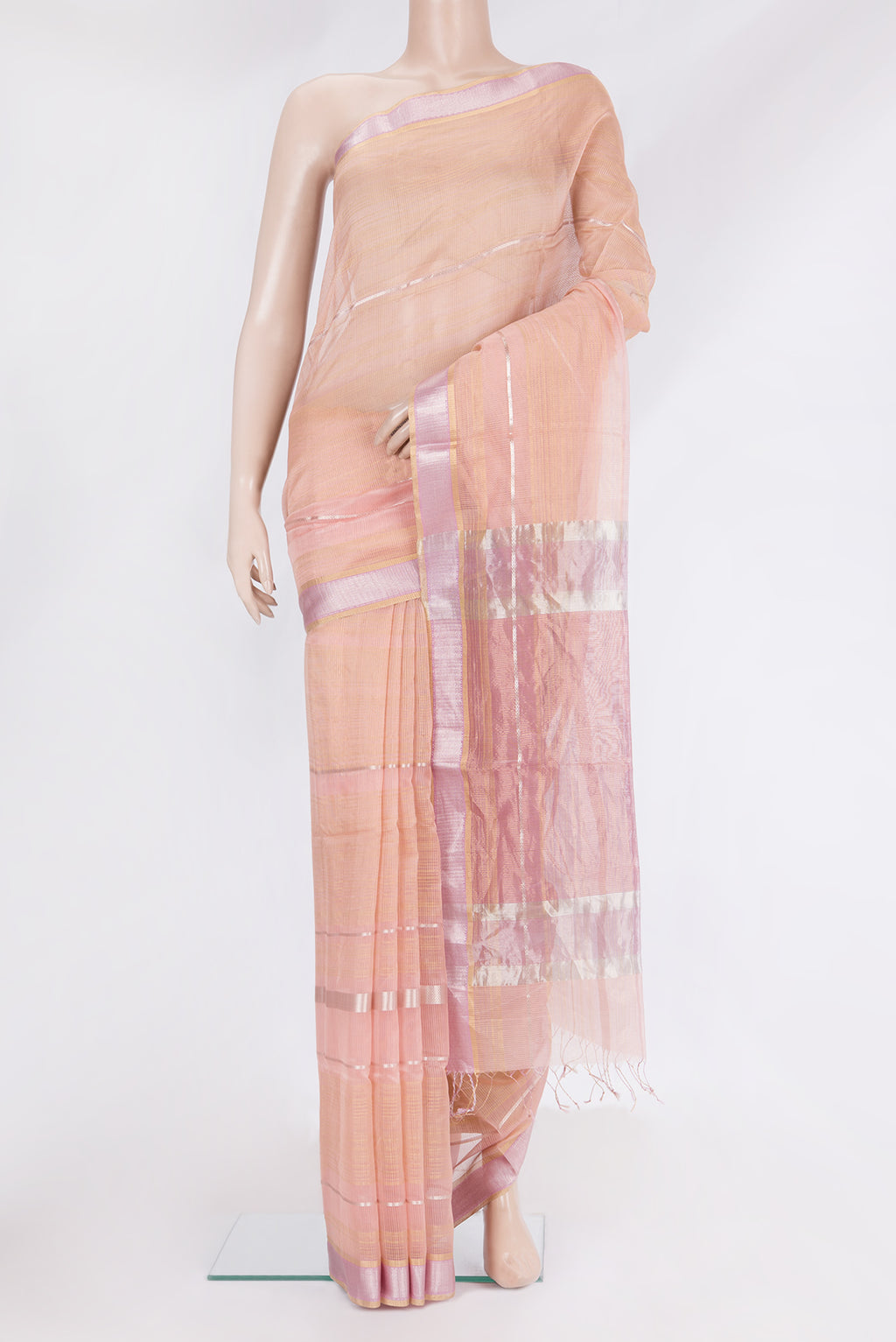 Golden Peach Maheshwari Silk Saree with Checked design on the body and Zari Border.  displayed on a mannequin