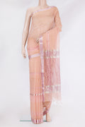 Golden Peach Maheshwari Silk Saree with Checked design on the body and Zari Border.  displayed on a mannequin