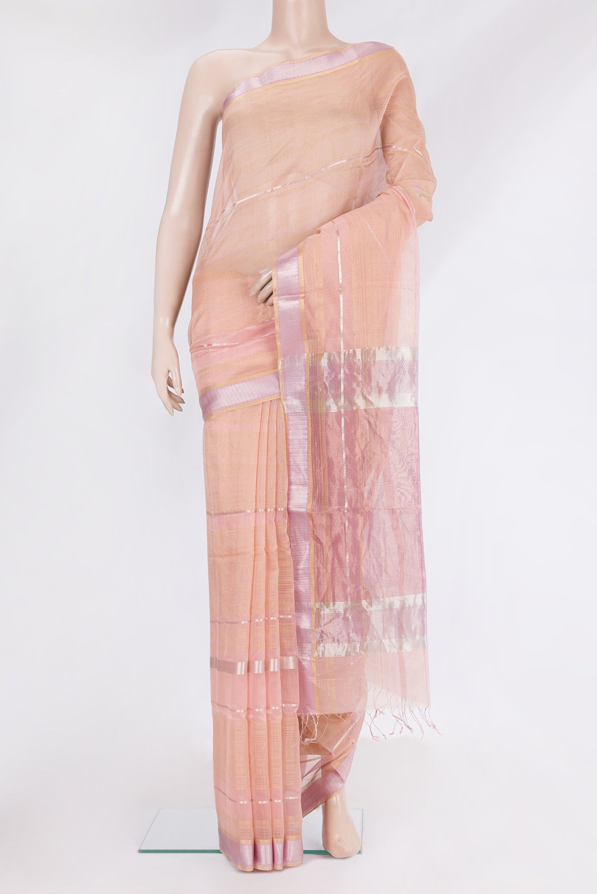 Golden Peach Maheshwari Silk Saree with Checked design on the body and Zari Border.  displayed on a mannequin