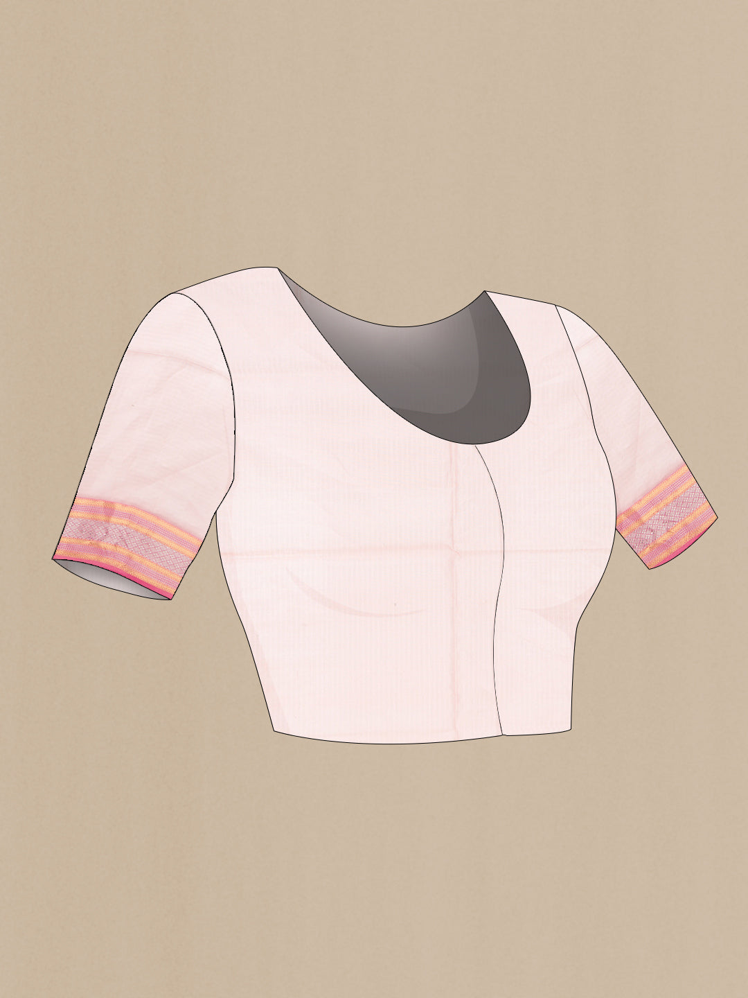 Close up image of the blouse of Pink Dual Tone Maheshwari Silk Cotton Saree with Zari Butta on the body and Zari Border. 