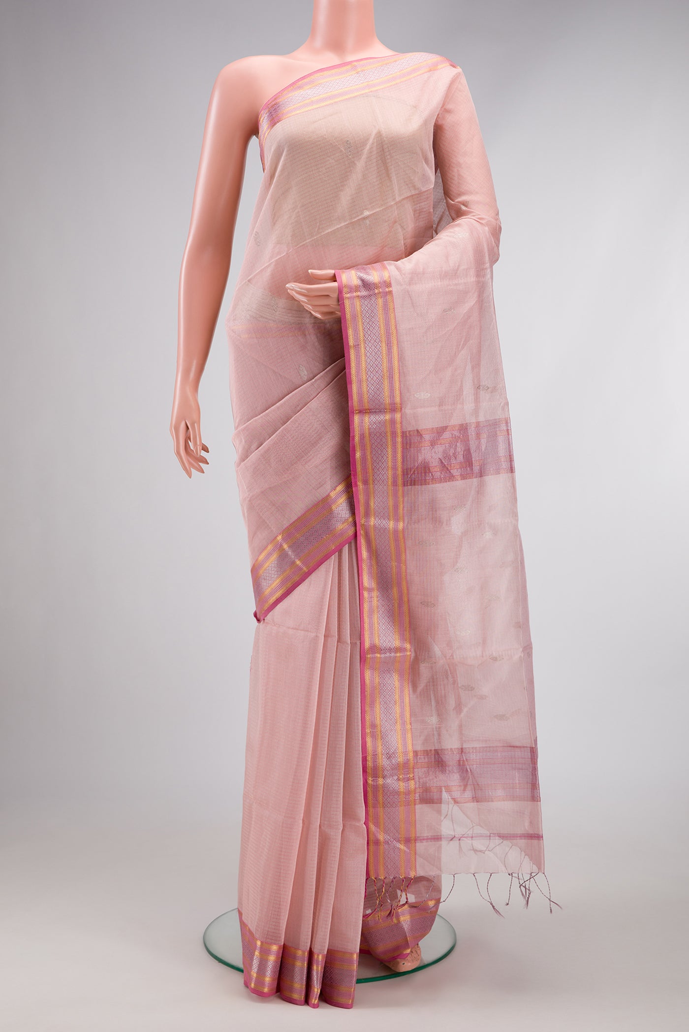 Pink Dual Tone Maheshwari Silk Cotton Saree with Zari Butta on the body and Zari Border.  displayed on a mannequin
