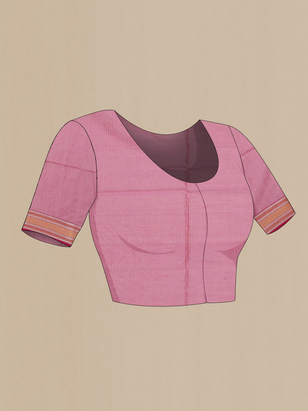 Close up image of the blouse of Pink Dual Tone Maheshwari Silk Saree with Stripes on the body and Zari Border. 