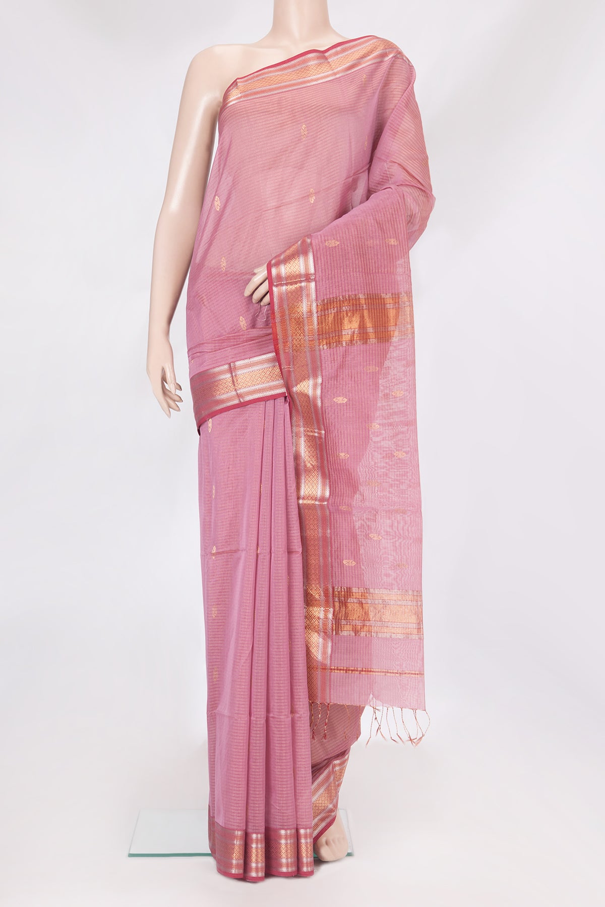 Pink Dual Tone Maheshwari Silk Saree with Stripes on the body and Zari Border.  displayed on a mannequin