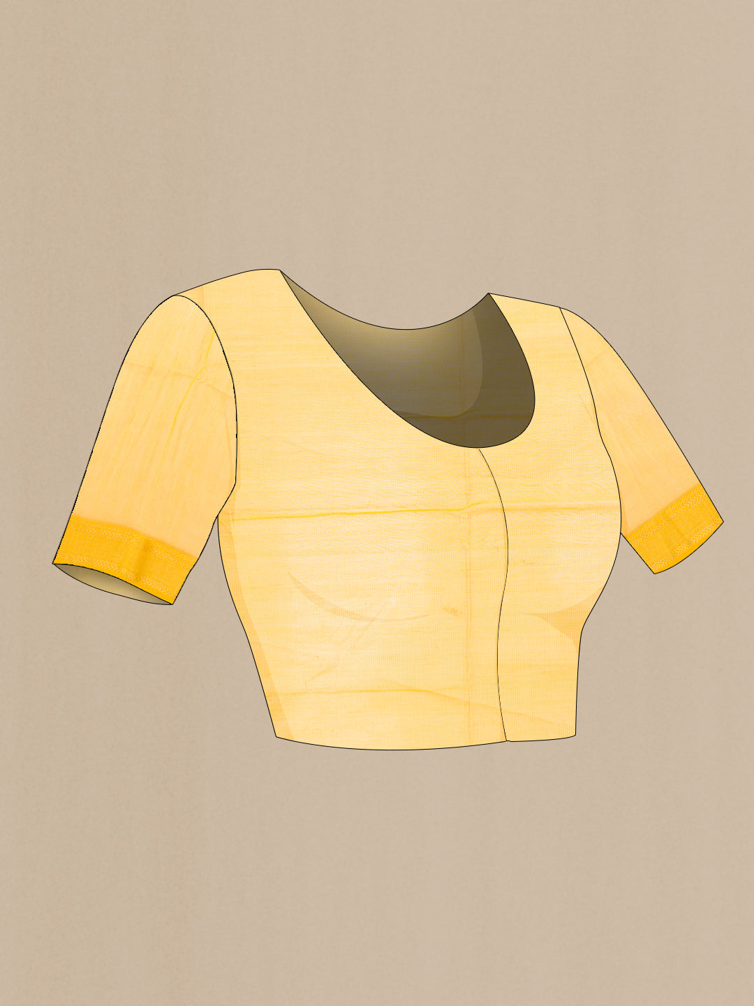 Close up image of the blouse of Yellow Dual Tone Maheshwari Tissue Silk Saree with Zari Butta on the body and Zari Border. 