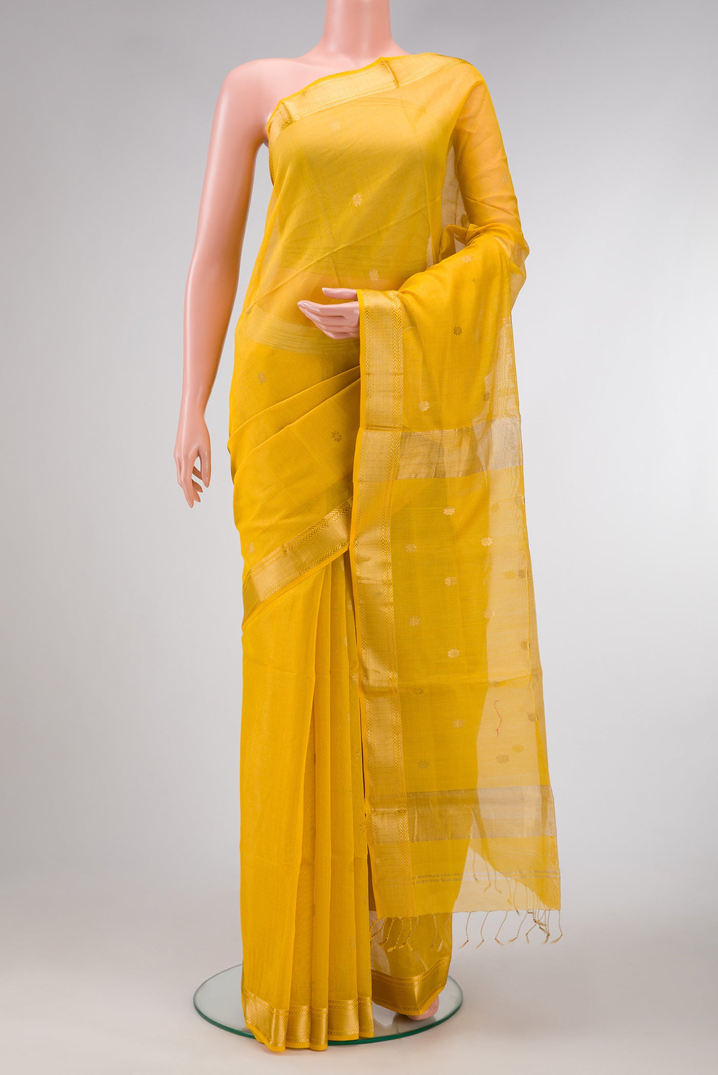 Yellow Dual Tone Maheshwari Tissue Silk Saree with Zari Butta on the body and Zari Border.  displayed on a mannequin