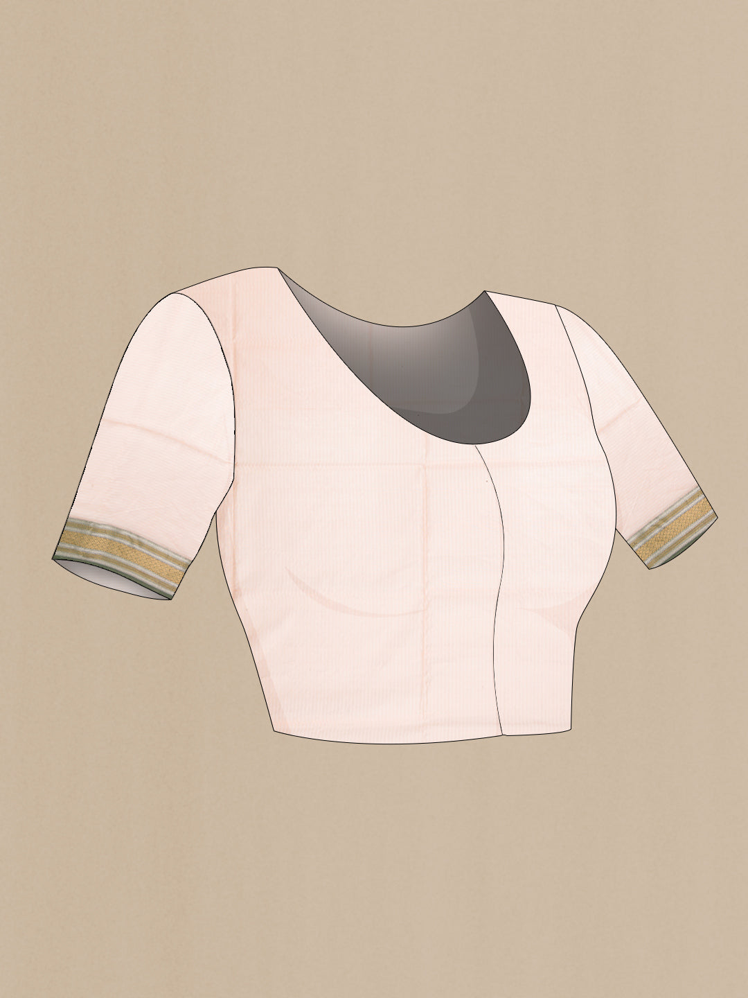 Close up image of the blouse of Rose Gold Dual Tone Maheshwari Silk Cotton Saree with Stripes on the body and Zari Border. 