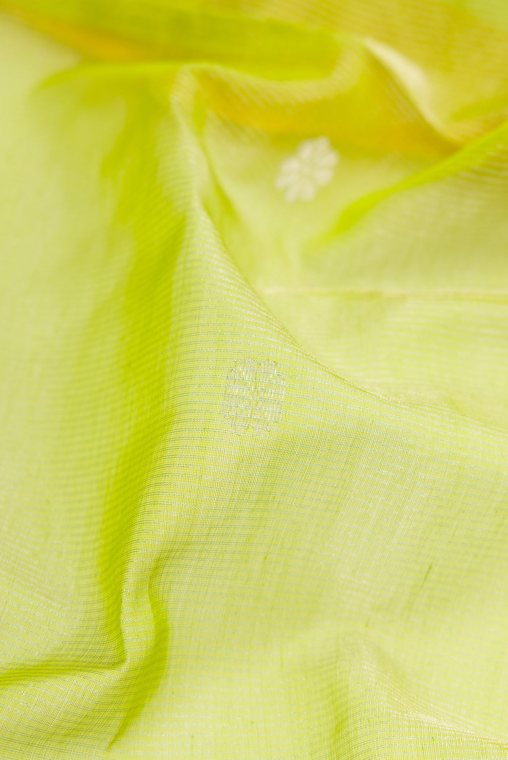 Close up of Parrot Green Dual Tone Maheshwari Silk Cotton Saree with Zari Butta on the body and Zari Border.  displaying folds
