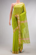 Parrot Green Dual Tone Maheshwari Silk Cotton Saree with Zari Butta on the body and Zari Border.  displayed on a mannequin