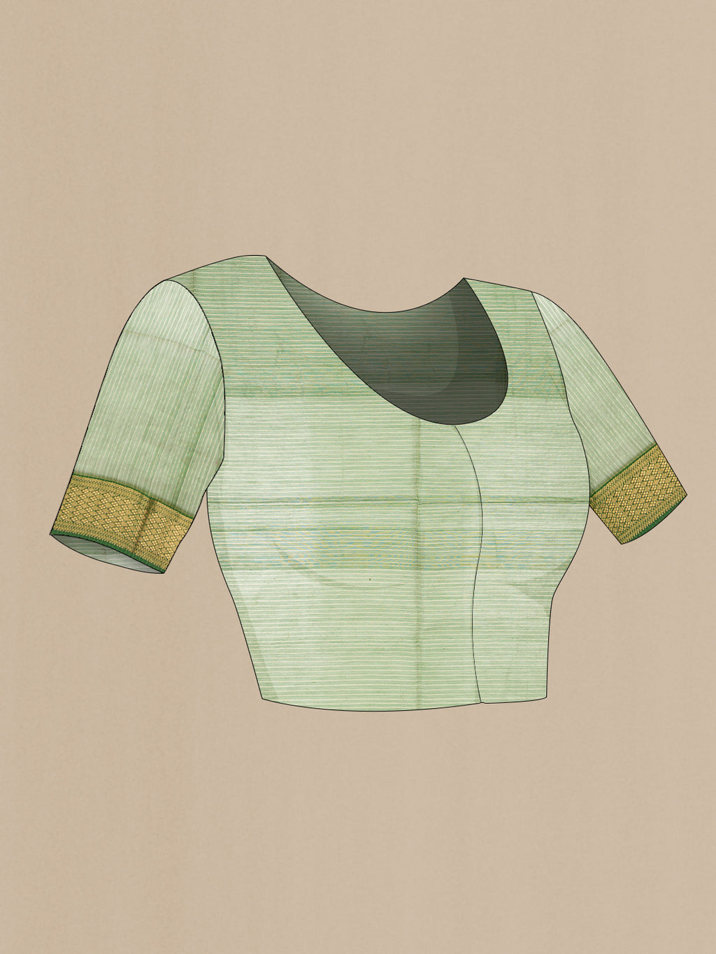 Close up image of the blouse of Green Dual Tone Maheshwari Silk Cotton Saree with Zari Butta on the body and Zari Border. 