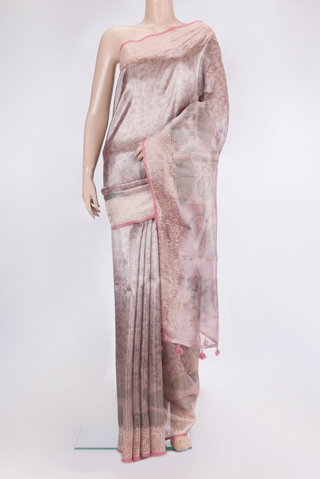 Rose Gold Dual Tone Blended Organza Silk Saree with Zari Brocade on the body and Embroidery Border.  displayed on a mannequin
