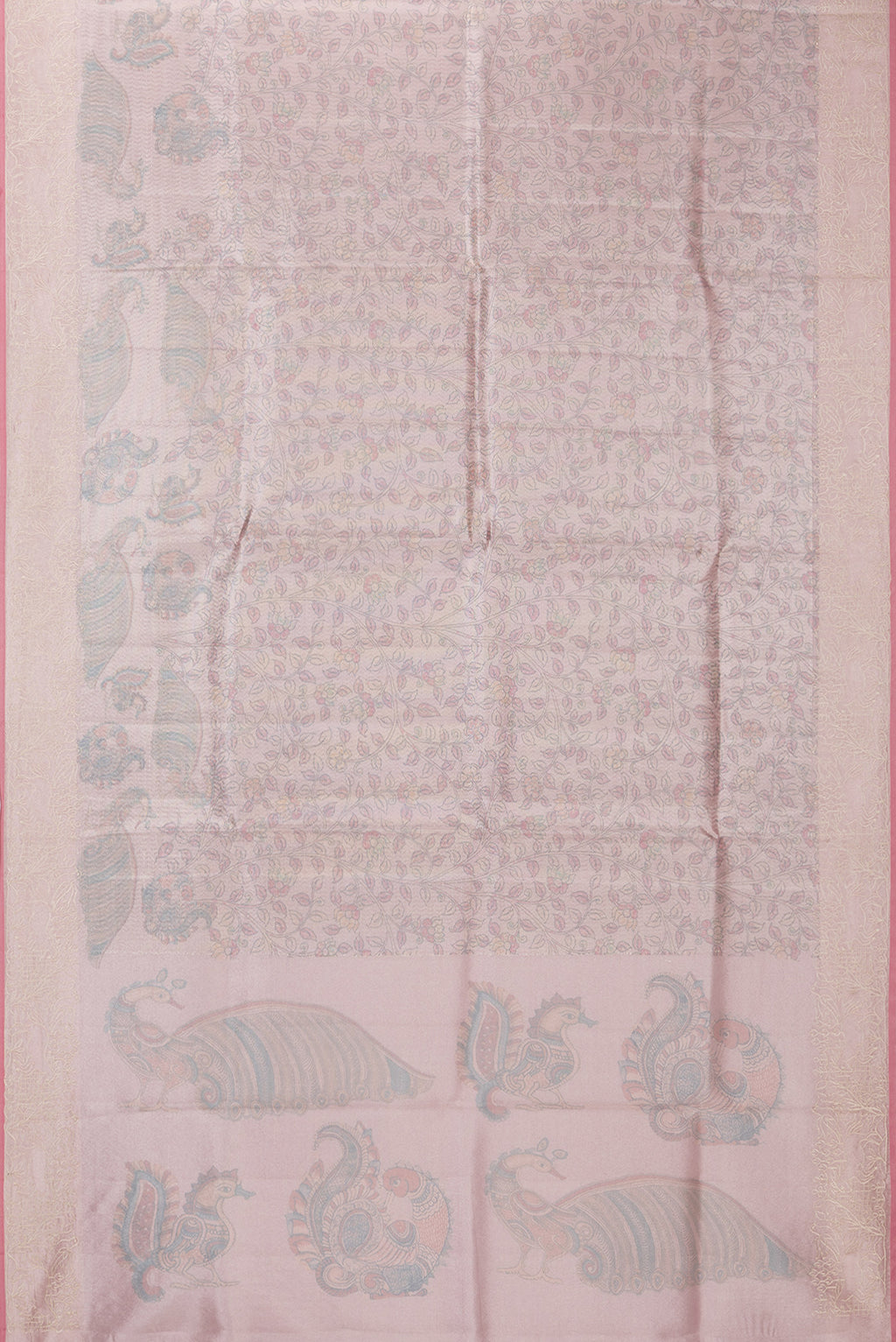Flat view of Rose Gold Dual Tone Blended Organza Silk Saree with Zari Brocade on the body and Embroidery Border. 