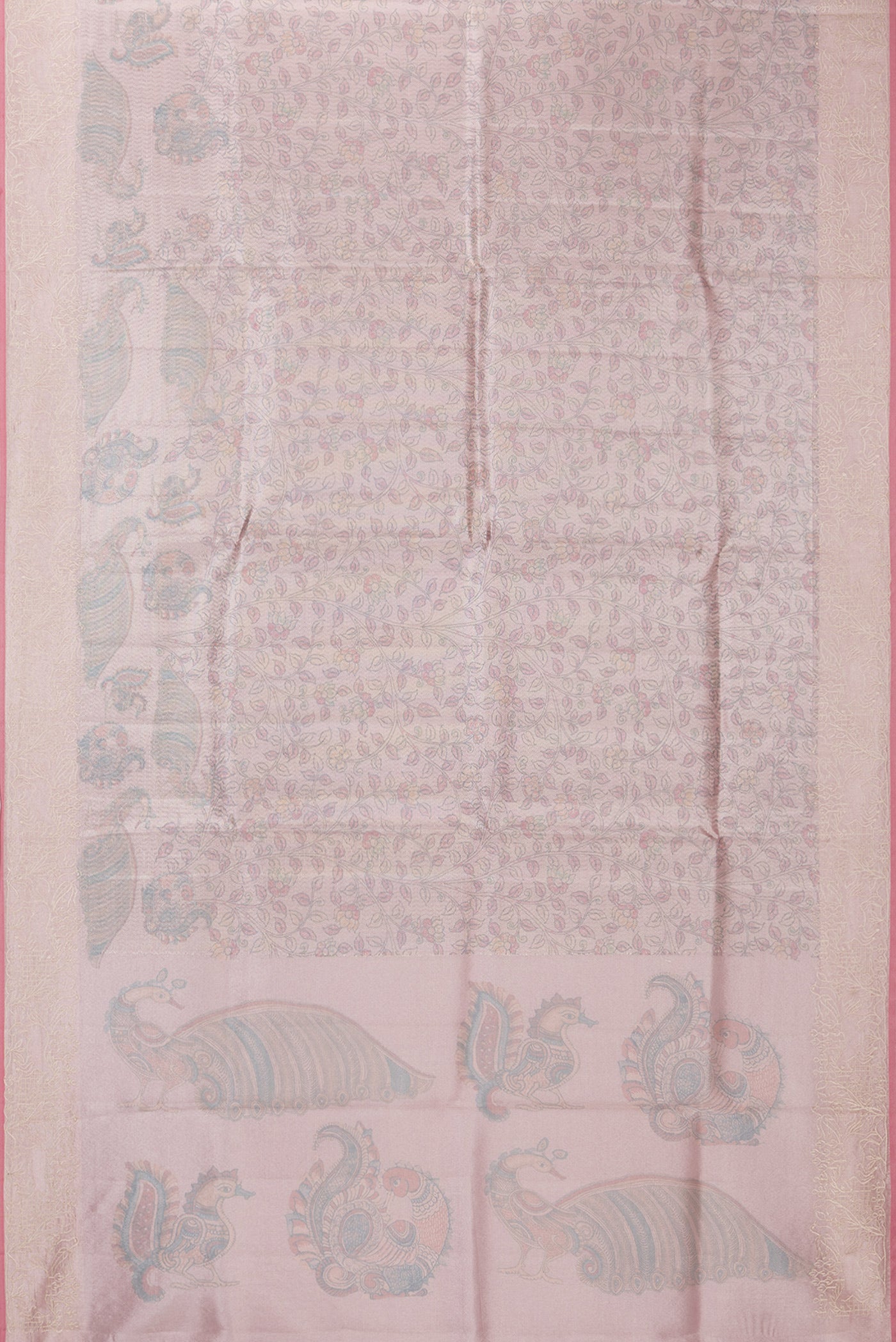 Flat view of Rose Gold Dual Tone Blended Organza Silk Saree with Zari Brocade on the body and Embroidery Border. 