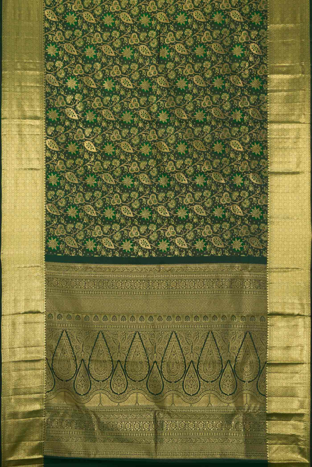 Flat view of Bottle Green Dual Tone Kanchipuram Silk Saree with Zari Brocade on the body and Zari Border. 