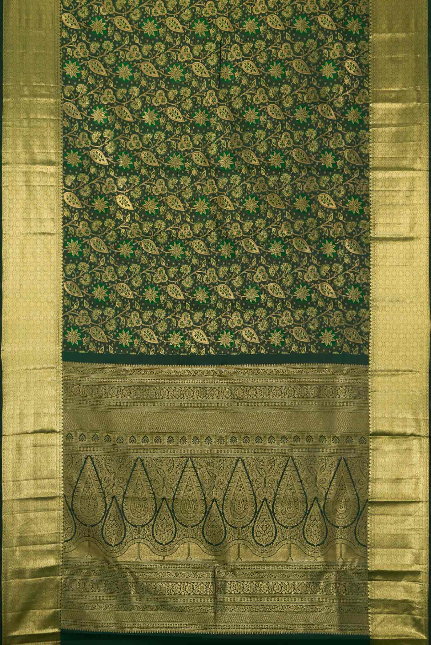 Flat view of Bottle Green Dual Tone Kanchipuram Silk Saree with Zari Brocade on the body and Zari Border. 