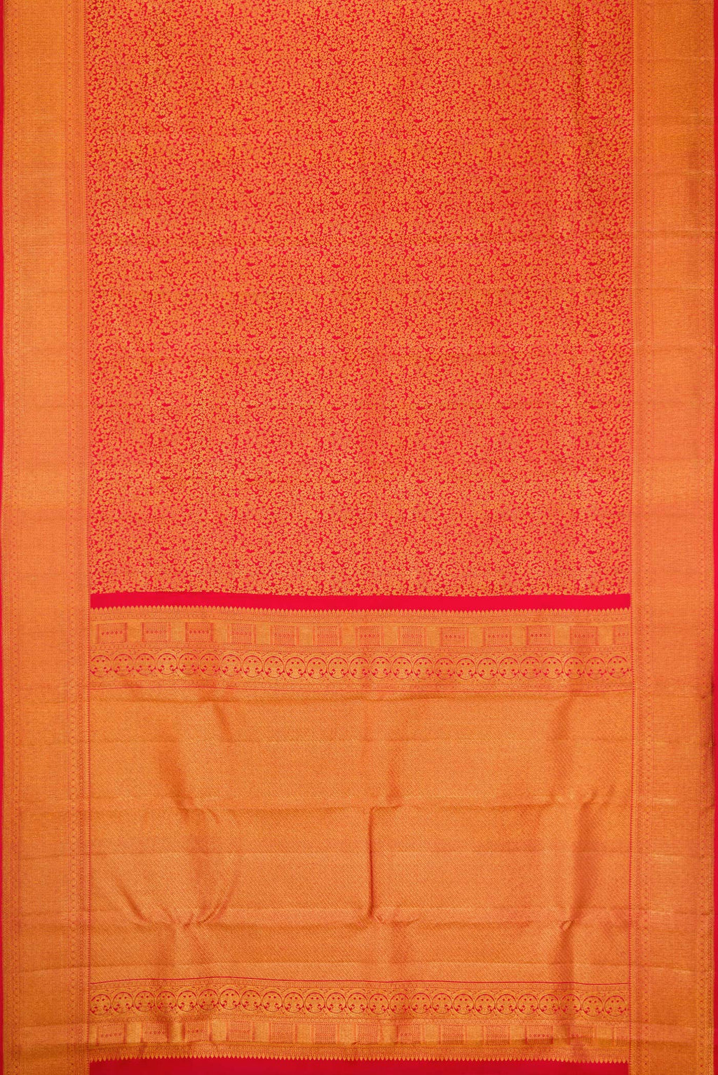 Flat view of Red Dual Tone Kanchipuram Silk Saree with Zari Brocade on the body and Fancy Border. 