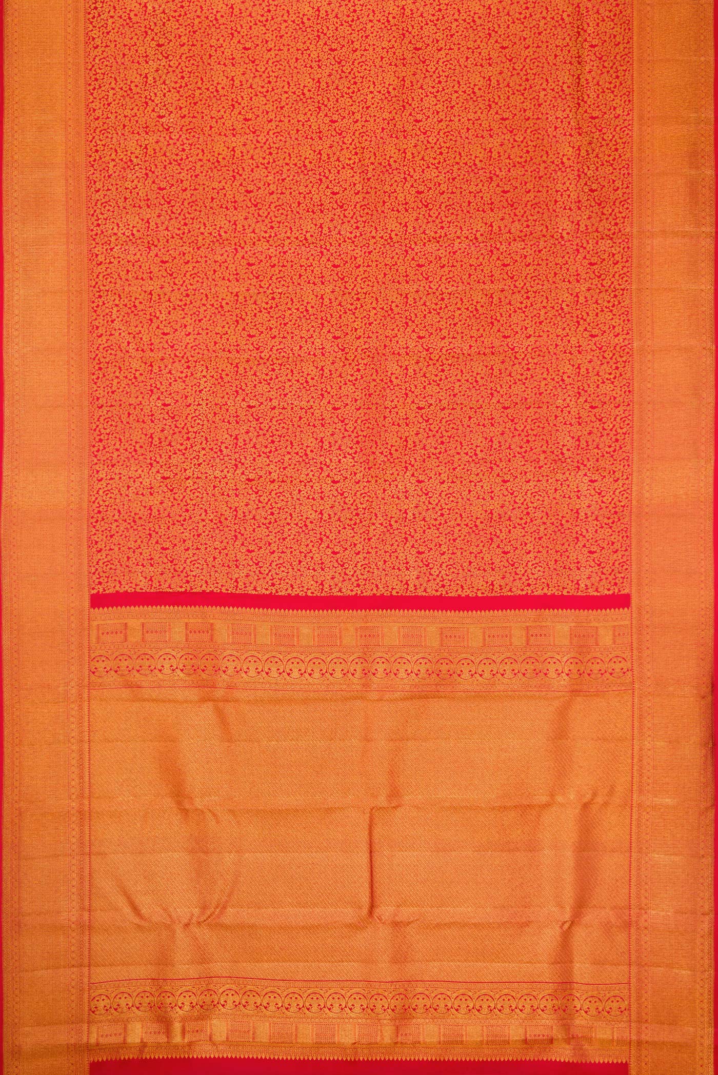 Flat view of Red Dual Tone Kanchipuram Silk Saree with Zari Brocade on the body and Fancy Border. 