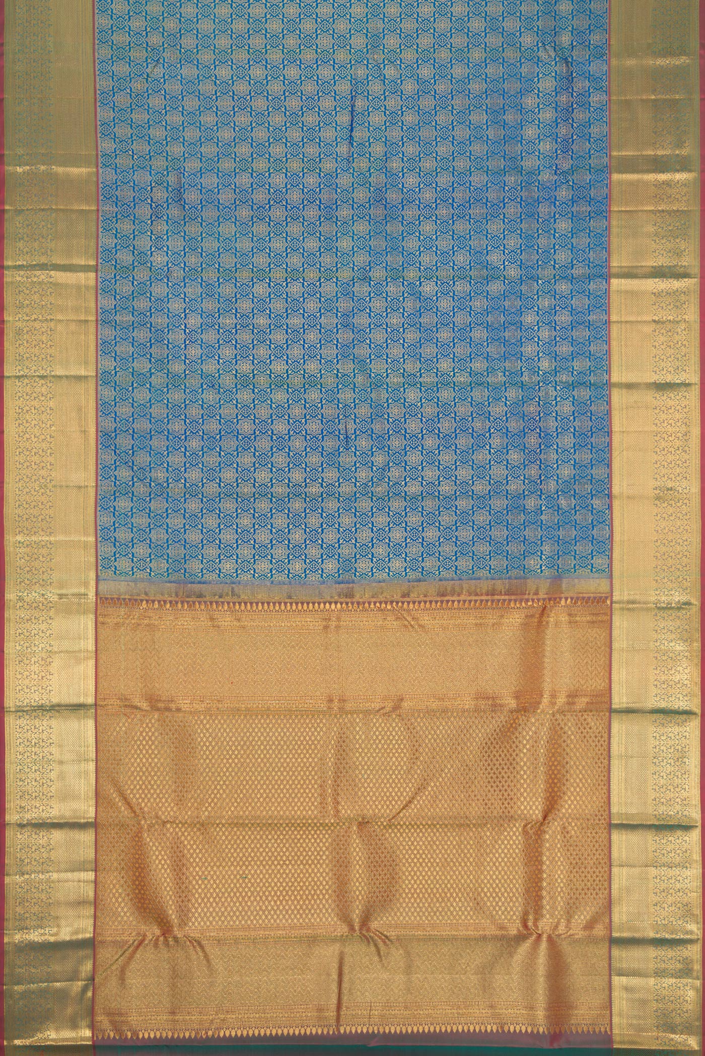 Flat view of Peacock Blue Dual Tone Kanchipuram Silk Saree with Zari Brocade on the body and Zari Border. 