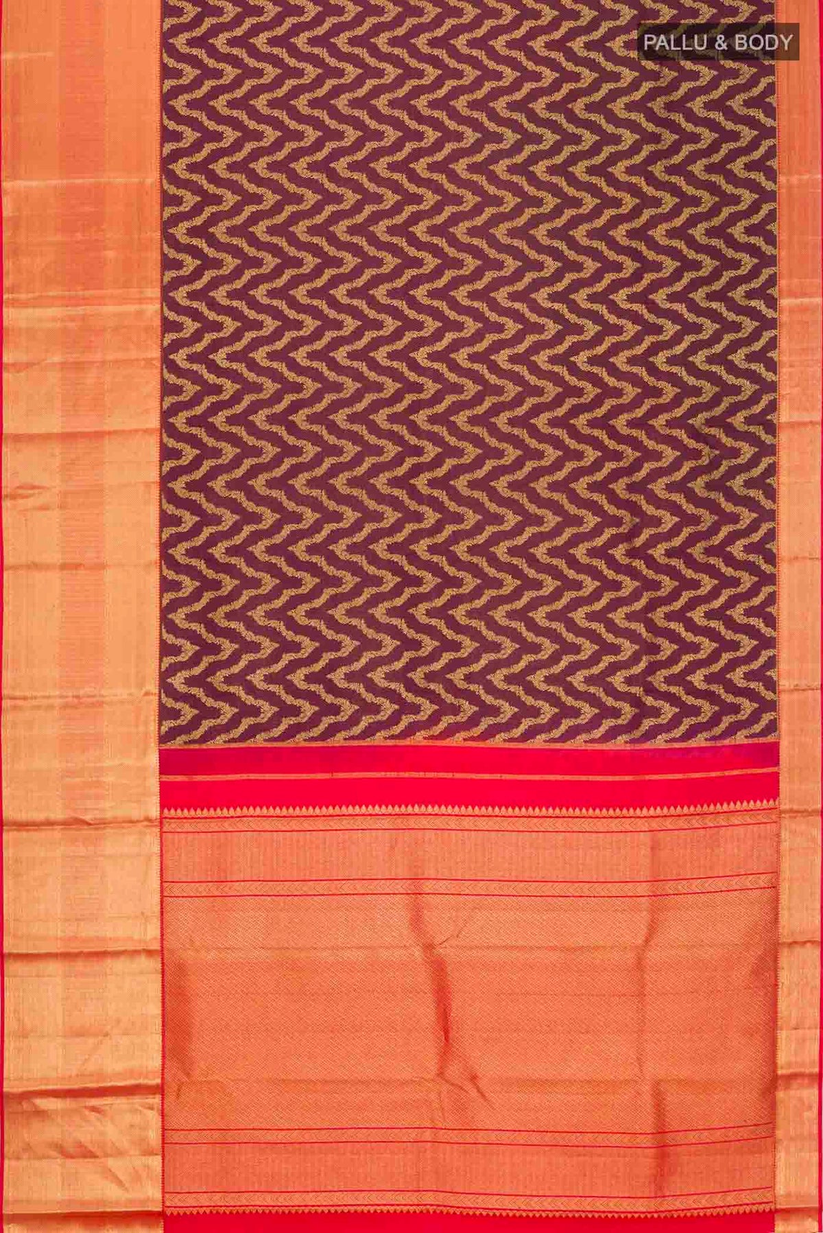 Flat view of Burgundy Kanchipuram Silk Saree with Zari Brocade on the body and Zari Border