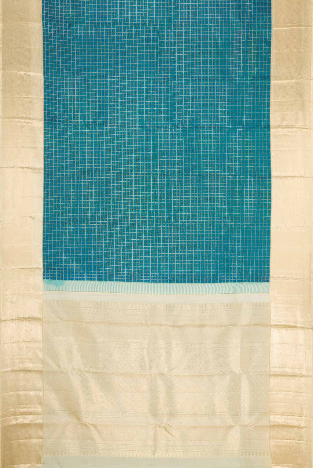 Flat view of Peacock Blue Dual Tone Kanchipuram Silk Saree with Zari Brocade on the body and Zari Border. 