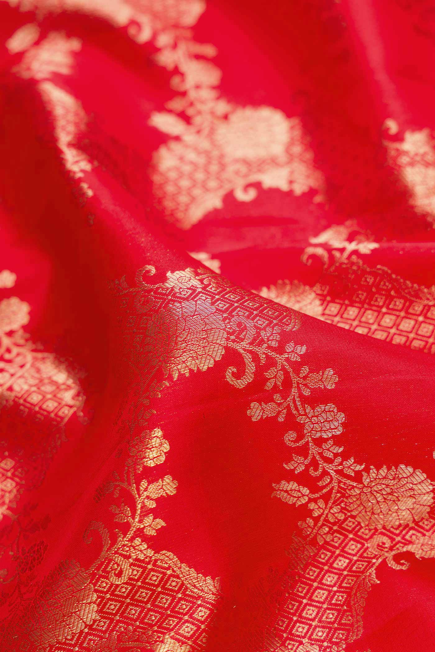 Close up of Red Dual Tone Kanchipuram Silk Saree with Zari Brocade on the body and Zari Border.  displaying folds