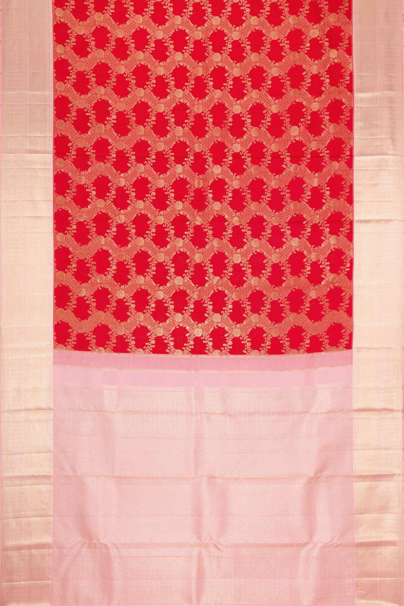 Flat view of Red Dual Tone Kanchipuram Silk Saree with Zari Brocade on the body and Zari Border. 