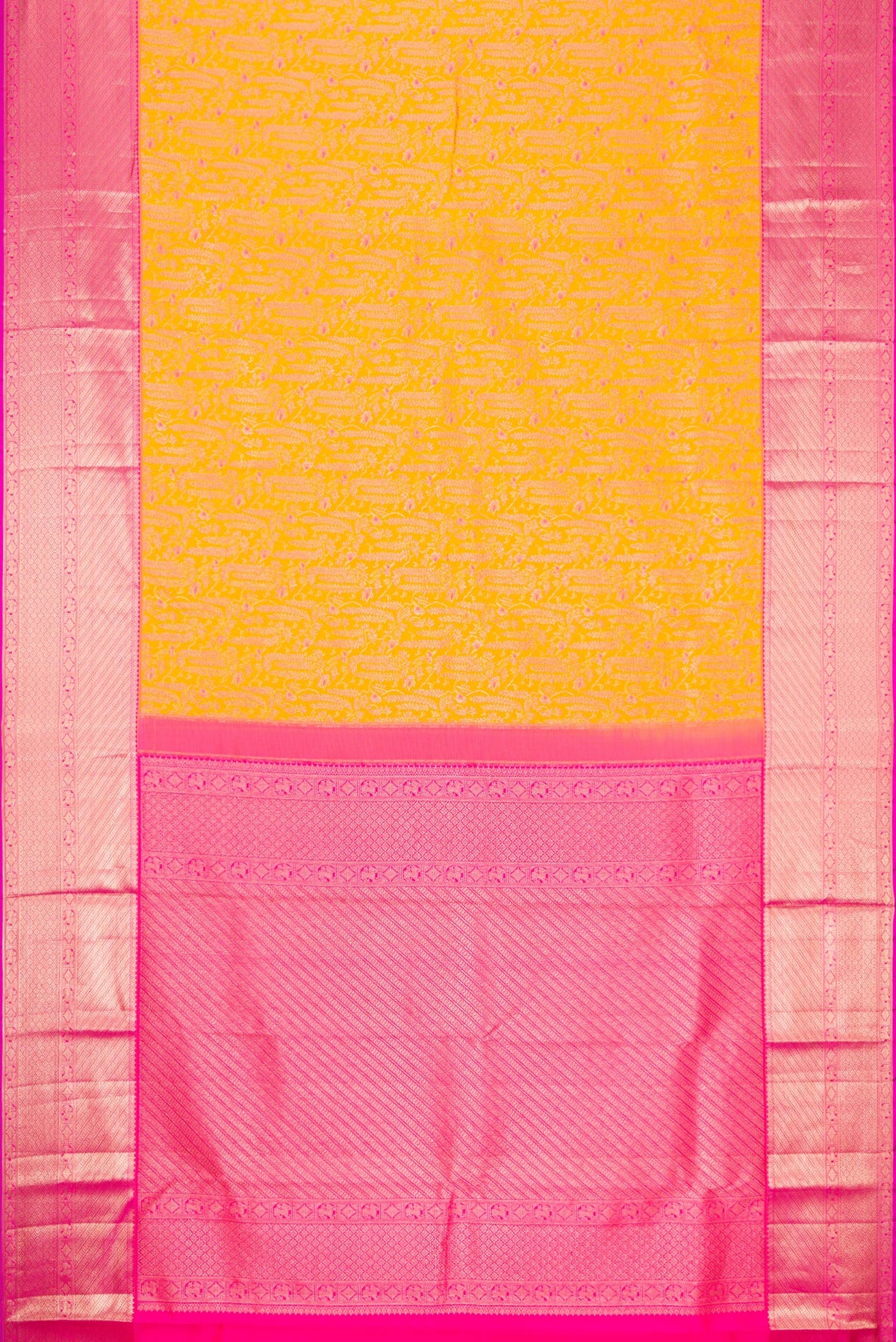 Flat view of Yellow Dual Tone Kanchipuram Silk Saree with Zari Brocade on the body and Zari Border. 