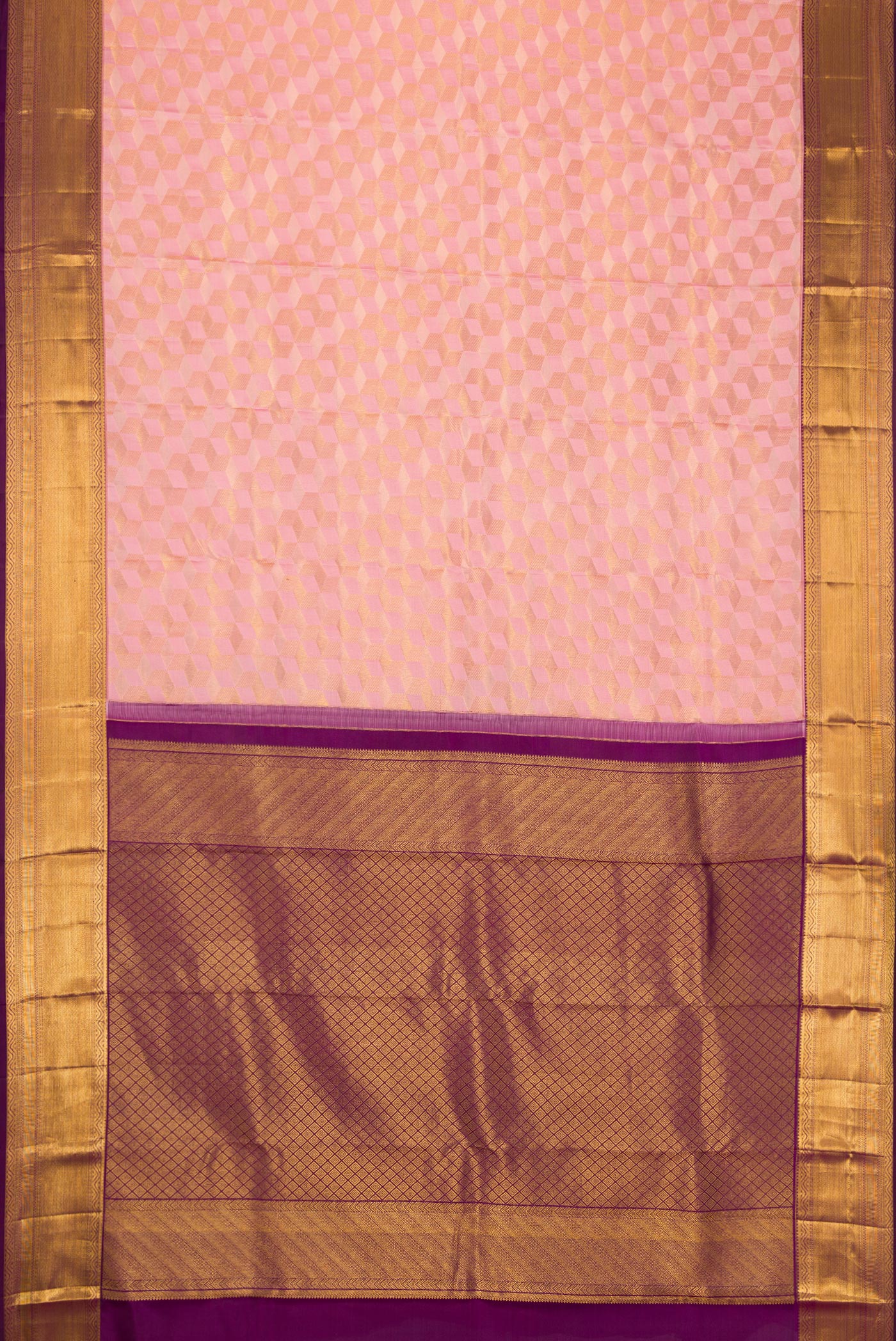 Flat view of Pink Dual Tone Kanchipuram Silk Saree with Zari Brocade on the body and Zari Border. 