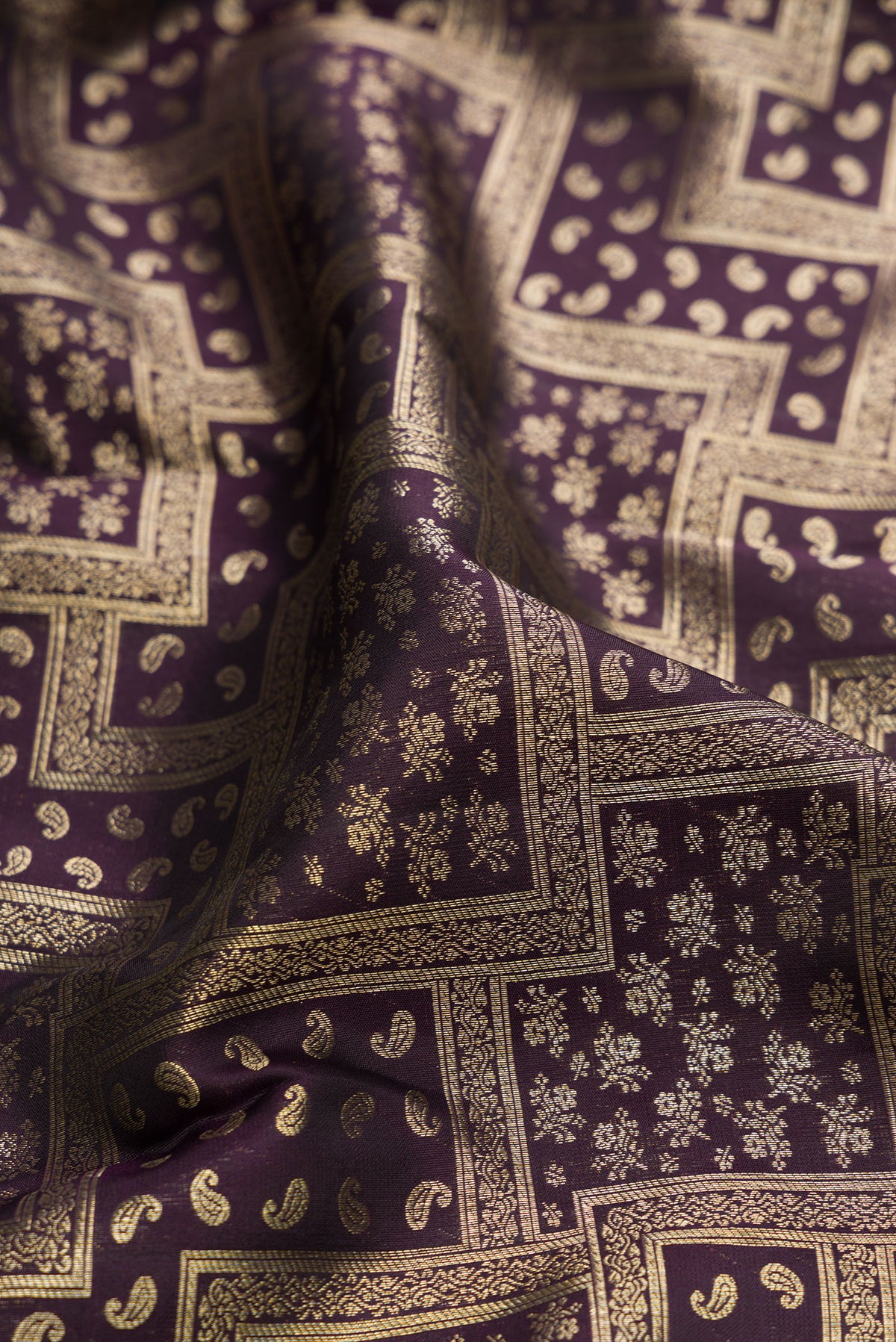Close up of Coffee Brown Dual Tone Kanchipuram Silk Saree with Zari Brocade on the body and Zari Border.  displaying folds