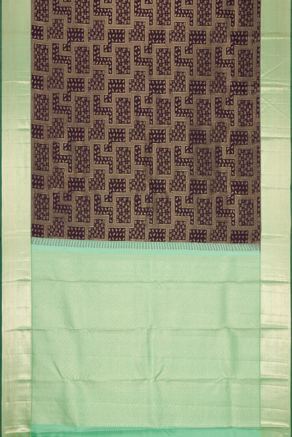 Flat view of Coffee Brown Dual Tone Kanchipuram Silk Saree with Zari Brocade on the body and Zari Border. 