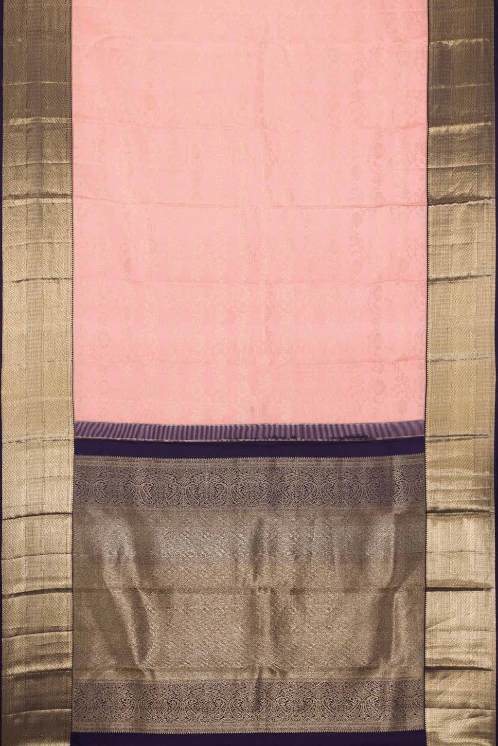 Flat view of Pink Dual Tone Kanchipuram Silk Saree with Zari Brocade on the body and Zari Border. 