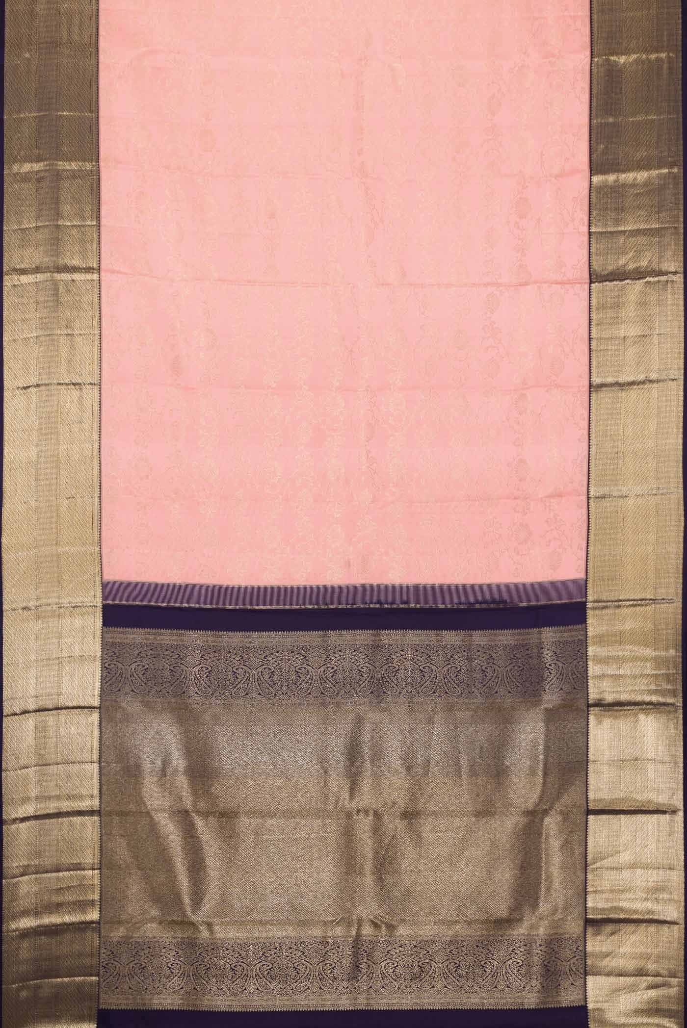 Flat view of Pink Dual Tone Kanchipuram Silk Saree with Zari Brocade on the body and Zari Border. 