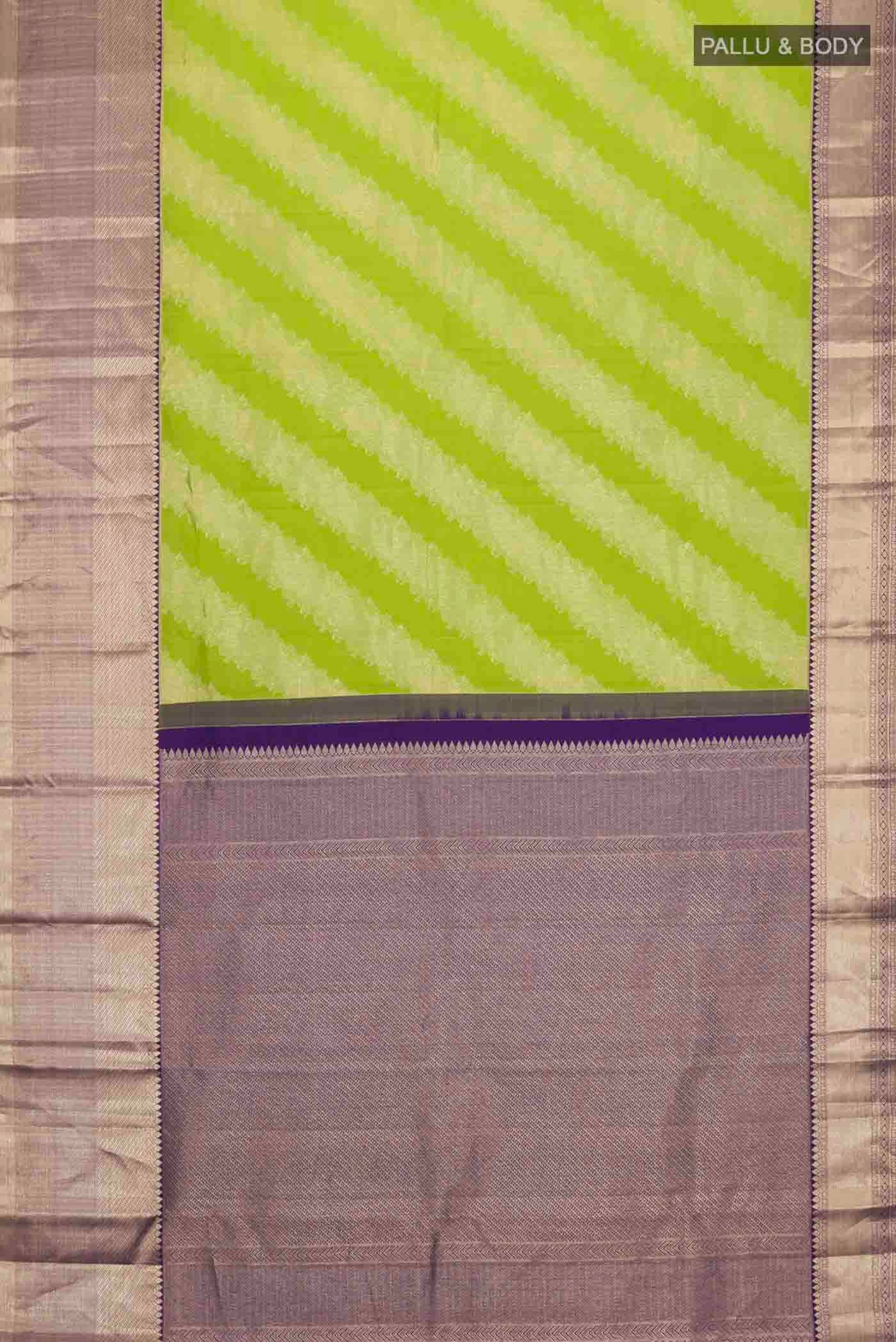 Flat view of Green Kanchipuram Silk Saree with Zari Butta on the body and Zari Border