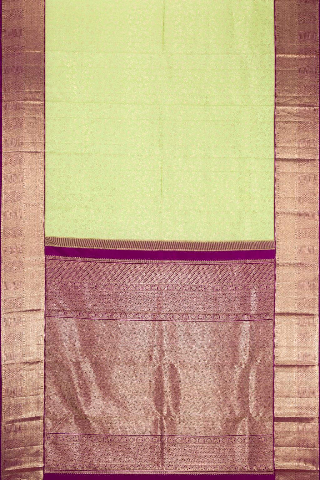Flat view of Parrot Green Dual Tone Kanchipuram Silk Saree with Zari Brocade on the body and Zari Border. 