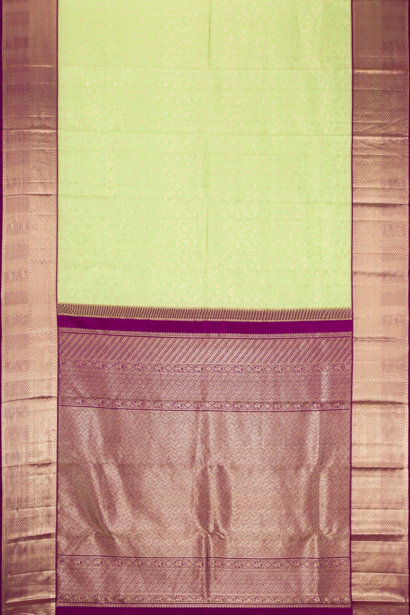 Flat view of Parrot Green Dual Tone Kanchipuram Silk Saree with Zari Brocade on the body and Zari Border. 
