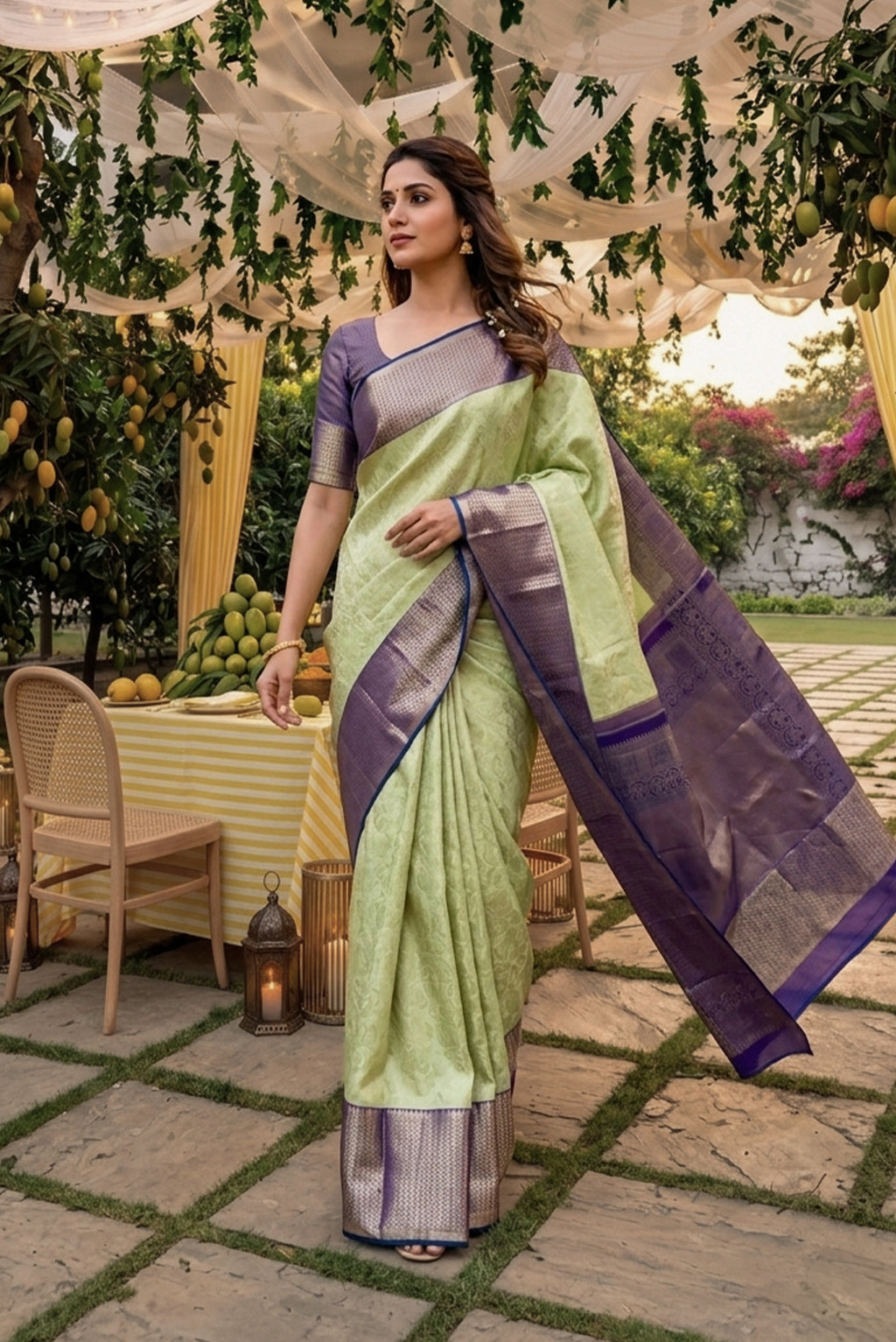 Model wearing a Pista Green Dual Tone Kanchipuram Silk Saree with Zari Brocade on the body and Zari Border.