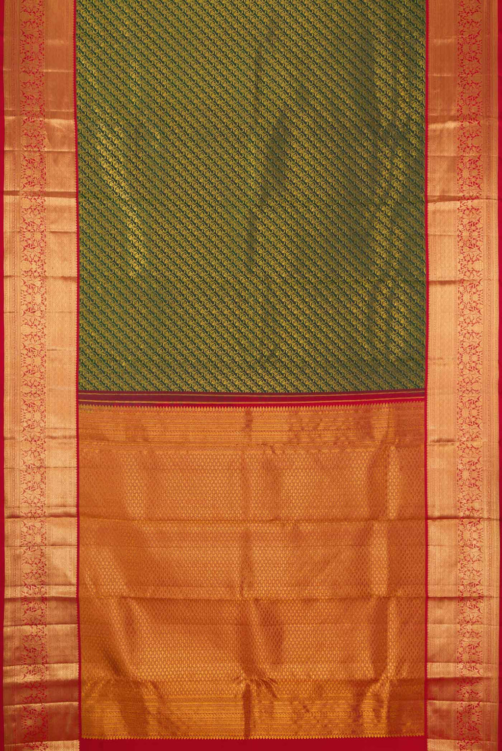 Flat view of Bottle Green Dual Tone Kanchipuram Silk Saree with Zari Brocade on the body and Zari Border. 