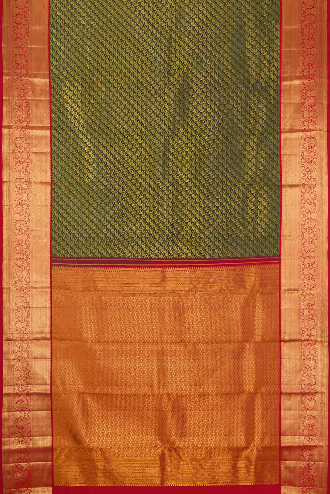 Flat view of Bottle Green Dual Tone Kanchipuram Silk Saree with Zari Brocade on the body and Zari Border. 