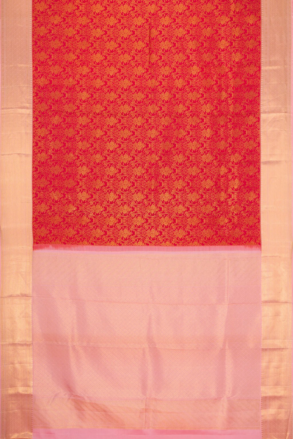 Flat view of Red Dual Tone Kanchipuram Silk Saree with Zari Brocade on the body and Zari Border. 
