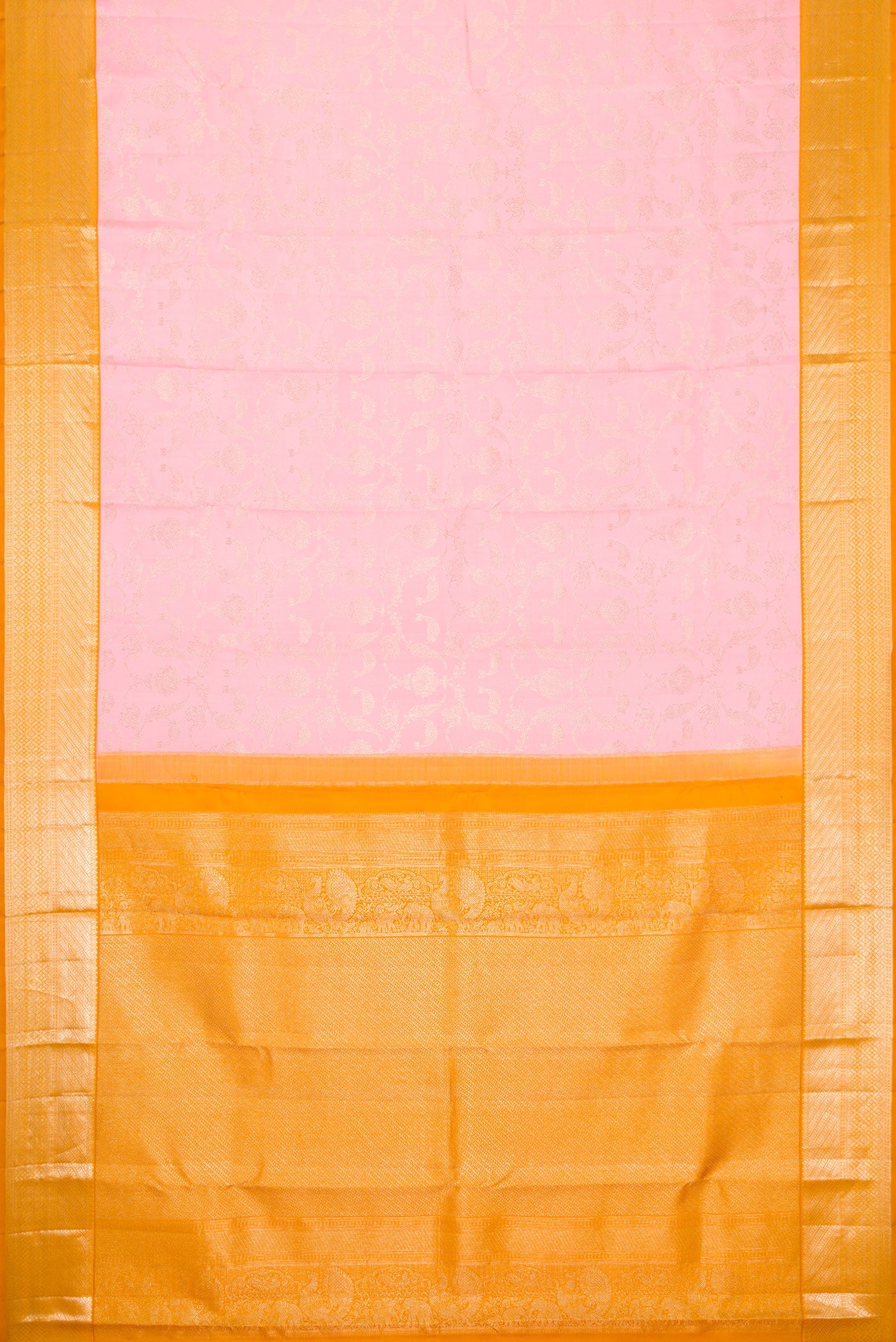 Flat view of Pink Dual Tone Kanjivaram Silk Saree with Zari Brocade on the body and Zari Border. 