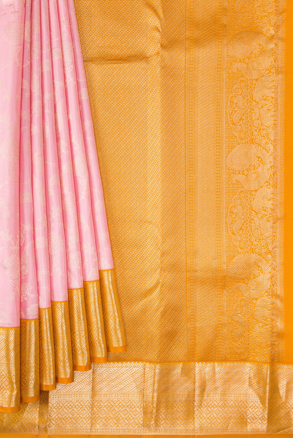 Pleats and pallu of Pink Dual Tone Kanjivaram Silk Saree with Zari Brocade on the body and Zari Border. 