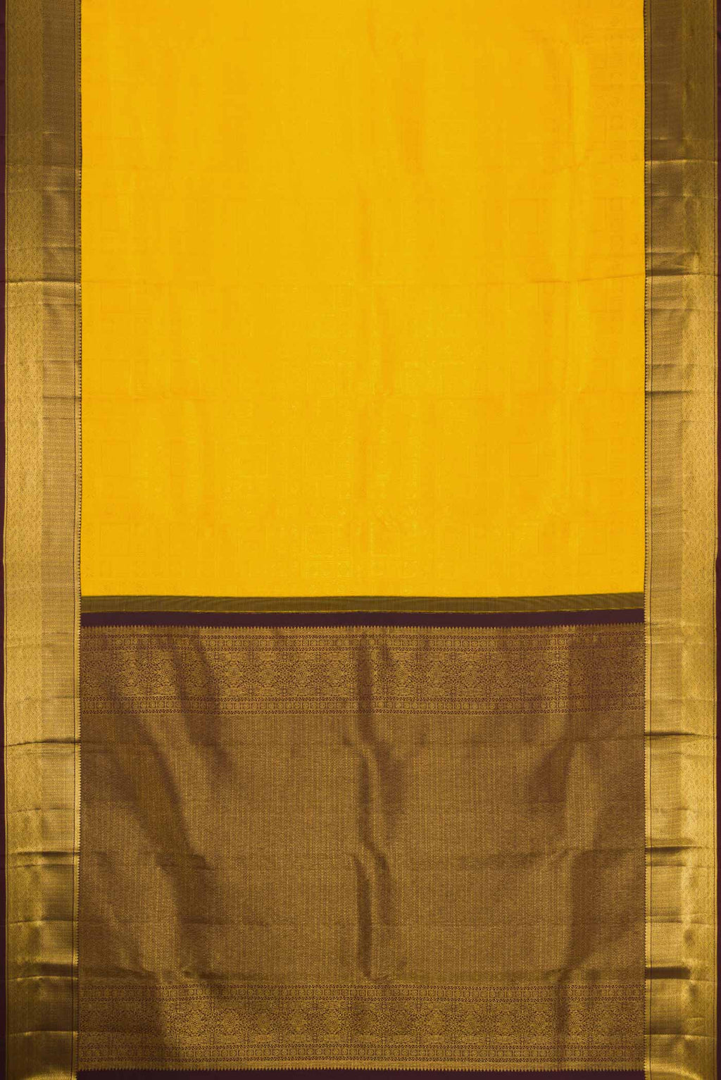 Flat view of Yellow Dual Tone Kanjivaram Silk Saree with Zari Brocade on the body and Zari Border. 