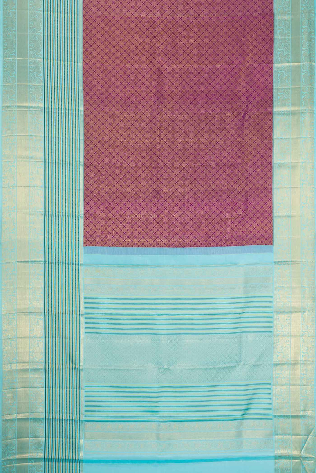 Flat view of Purple Dual Tone Kanjivaram Silk Saree with Zari Brocade on the body and Zari Border. 