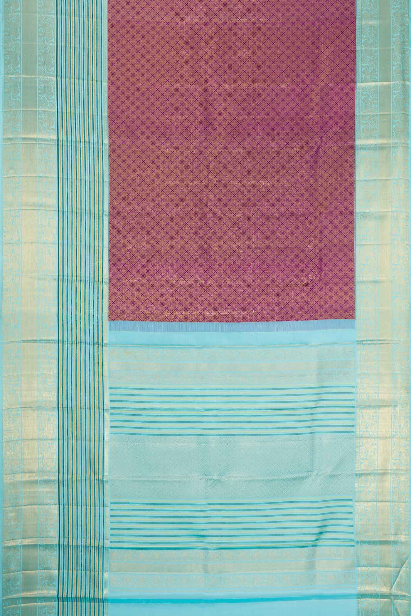 Flat view of Purple Dual Tone Kanjivaram Silk Saree with Zari Brocade on the body and Zari Border. 
