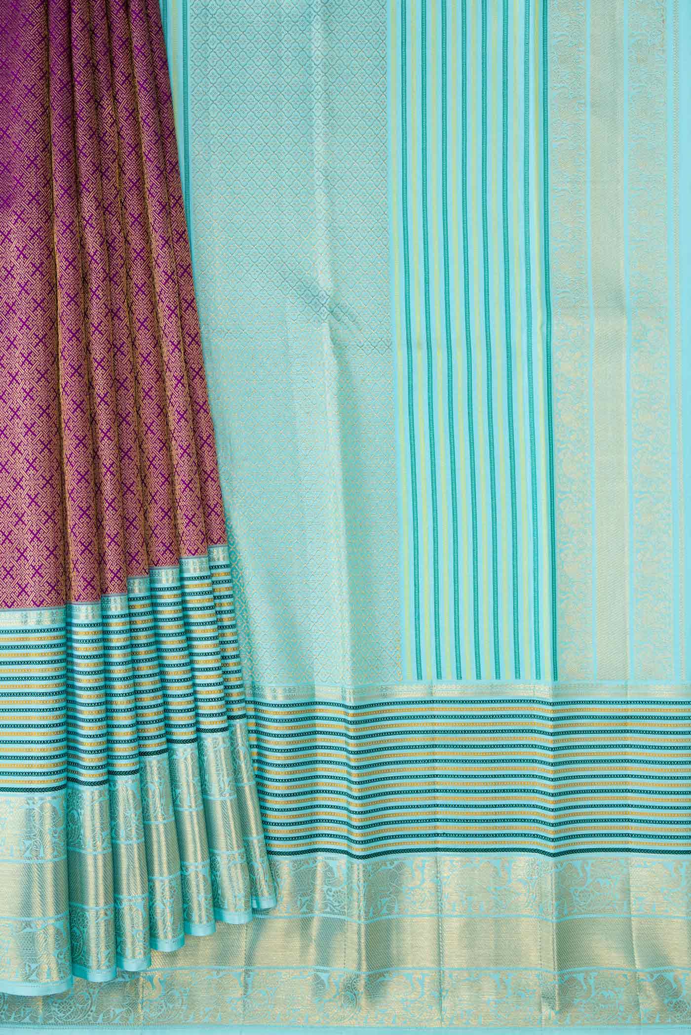 Pleats and pallu of Purple Dual Tone Kanjivaram Silk Saree with Zari Brocade on the body and Zari Border. 