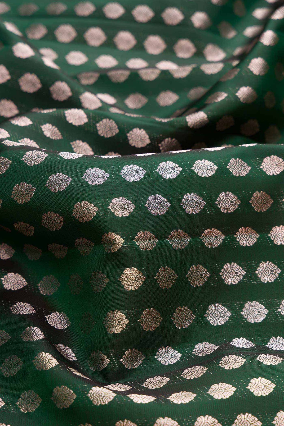 Close up of Green Dual Tone Kanchipuram Silk Saree with Zari Brocade on the body and Zari Border displaying folds
