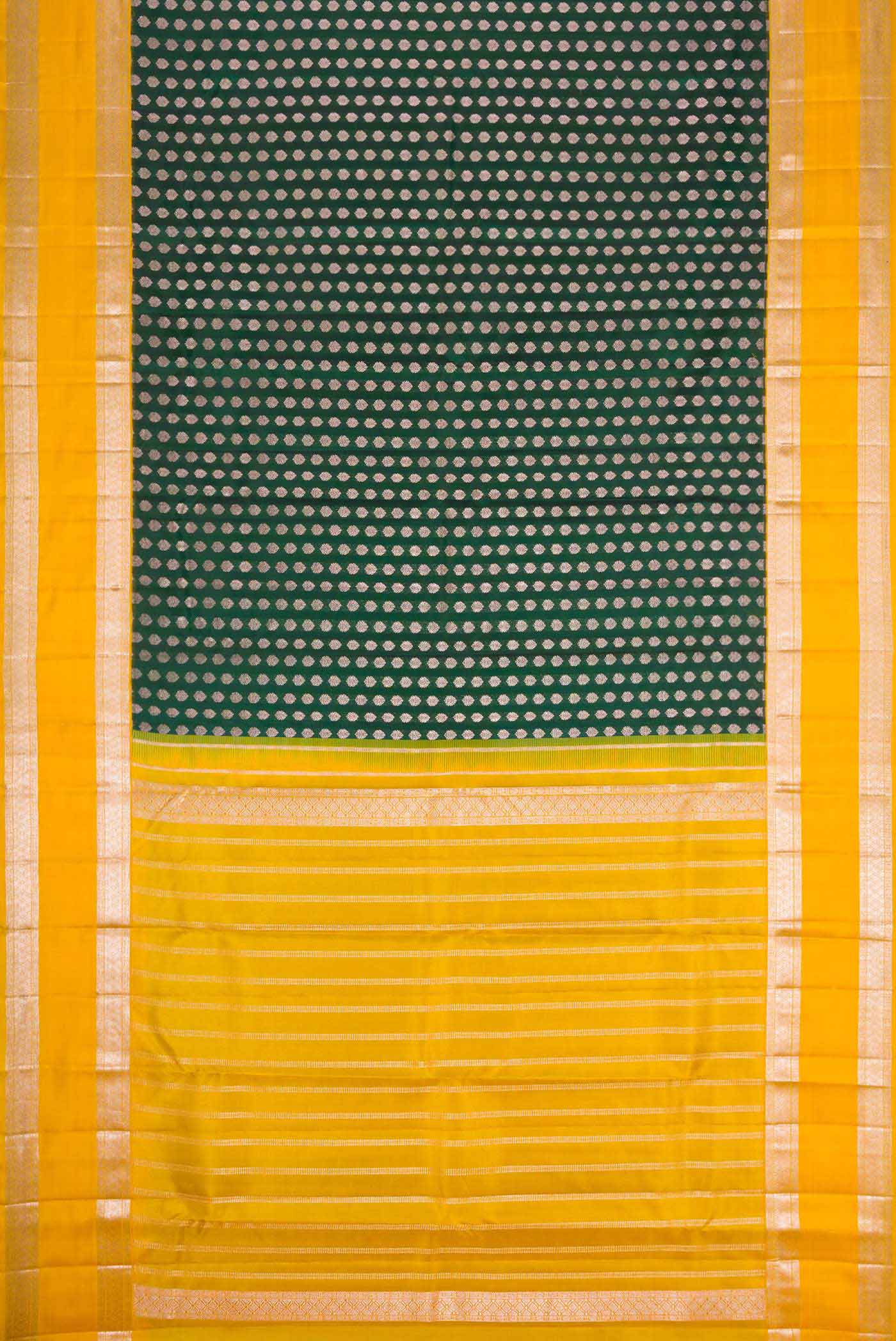 Flat view of Green Dual Tone Kanchipuram Silk Saree with Zari Brocade on the body and Zari Border