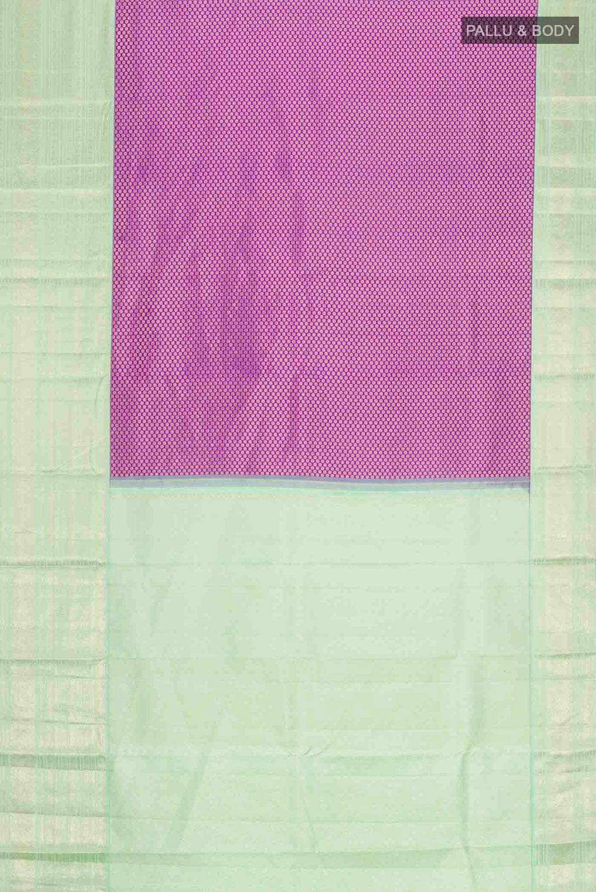 Flat view of Violet Kanchipuram Silk Saree with Zari Brocade on the body and Zari Border