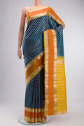 Blue Kanchipuram Silk Saree with Zari Brocade on the body and Zari Border displayed on a mannequin